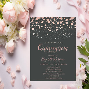 Moderne Rose-Gold-Punkte, Grau  Quinceanera Einladung