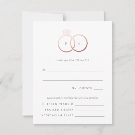 Moderne Rose Gold Rings Hochzeit RSVP Replik Card (Vorderseite)