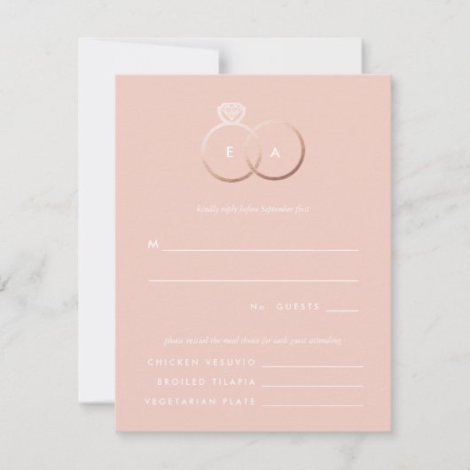 Moderne Rose Gold Rings Hochzeit RSVP Replik Card Karte (Vorderseite)
