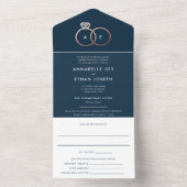 Moderne Rose Gold Rings Navy Blue Wedding All In One Einladung (Innen Boden)