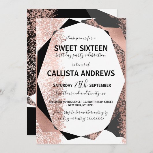 Moderne Rose Gold Schwarz-weiß Geometric Sweet 16 Einladung (Vorne/Hinten)