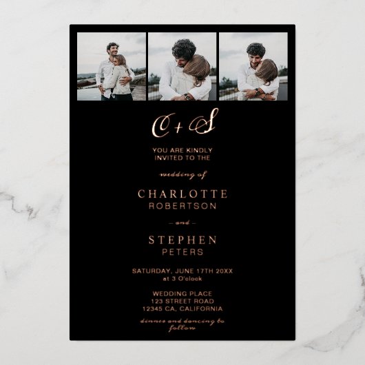 Moderne Rose Gold Schwarze Initialen 4 Fotos Hochz Folieneinladung (Vorderseite)