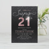 Moderne Rose Gold schwarze Überraschung 21. Geburt Einladung (Stehend Vorderseite)