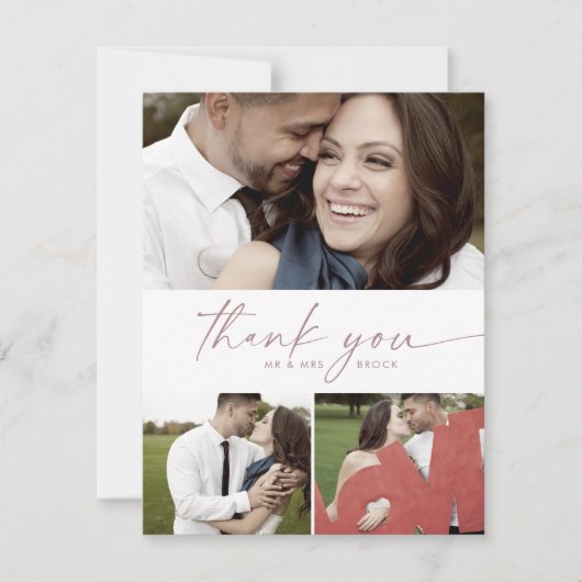 Moderne Rose Gold Script 3 Foto Collage Wedding Dankeskarte (Vorderseite)