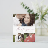 Moderne Rose Gold Script 3 Foto Collage Wedding Dankeskarte (Stehend Vorderseite)
