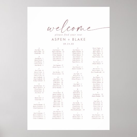 Moderne Rose Gold Script Alphabetisches Seekarten Poster (Vorne)