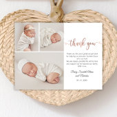 Moderne Rose Gold Script Baby 3 Foto Collage Dankeskarte