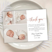 Moderne Rose Gold Script Baby 3 Foto Collage Dankeskarte