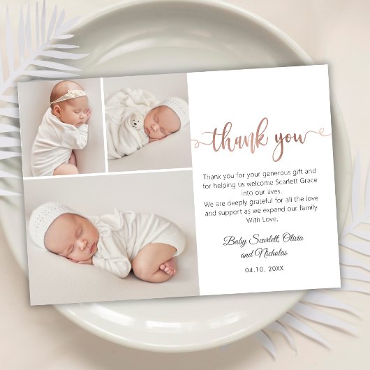 Moderne Rose Gold Script Baby 3 Foto Collage Dankeskarte