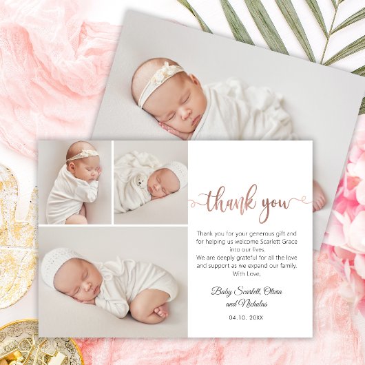 Moderne Rose Gold Script Baby 3 Foto Collage Dankeskarte