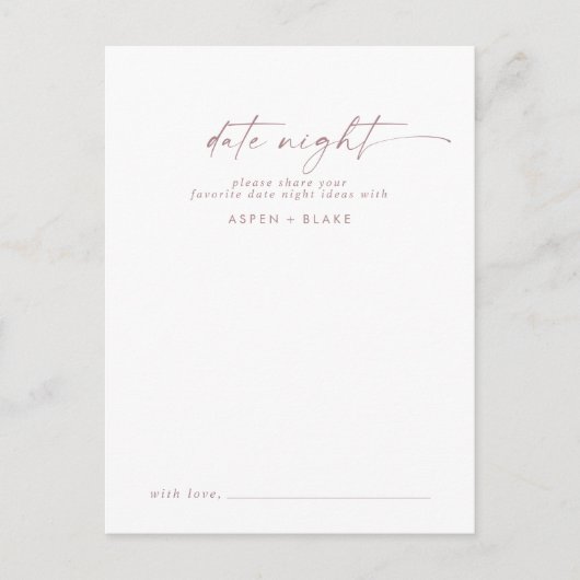 Moderne Rose Gold Script Date Night Idee Hinweiskarte (Vorderseite)