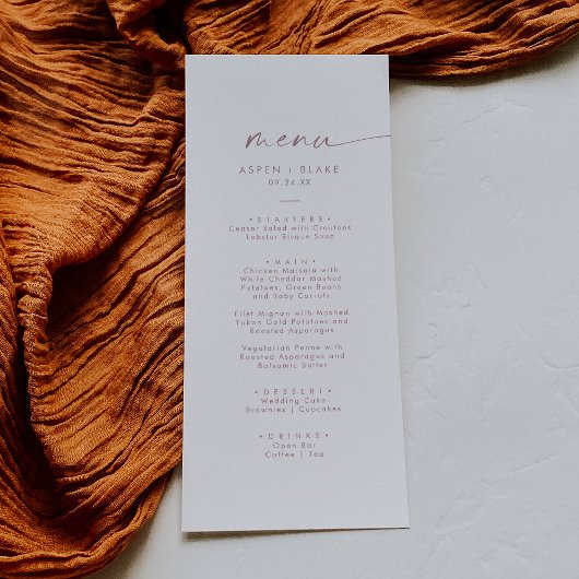 Moderne Rose Gold Script Dinner Menu Menükarte