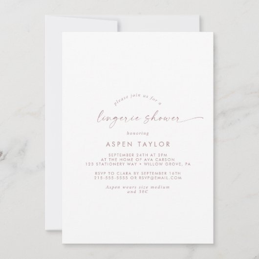 Moderne Rose Gold Script Fingerie Dusche Einladung (Vorderseite)