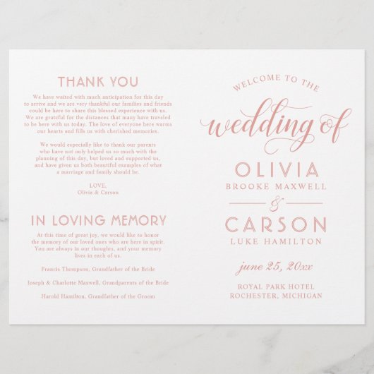 Moderne Rose Gold Script Hochzeitsprogramme (Vorderseite)