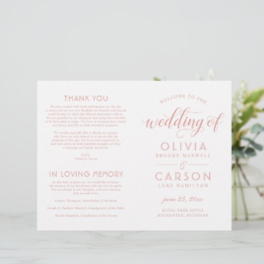 Moderne Rose Gold Script Hochzeitsprogramme (Stehend Vorderseite)