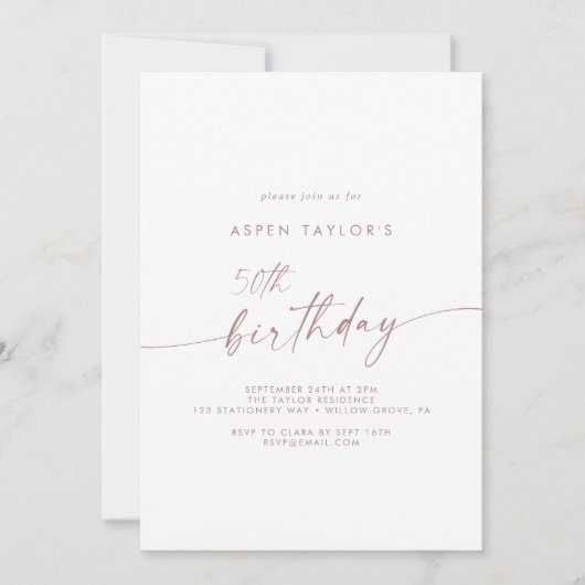 Moderne Rose Gold Script Minimal Pink 50. Geburtst Einladung (Vorderseite)