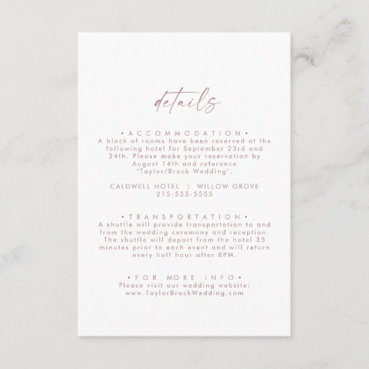 Moderne Rose Gold Script Minimale Hochzeitsdetails Begleitkarte (Vorderseite)