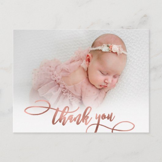 Moderne Rose Gold Script Neues Baby Foto Vielen Da Postkarte (Vorderseite)