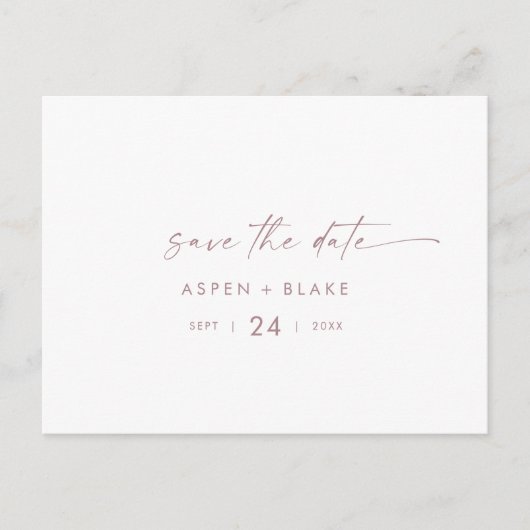Moderne Rose Gold Script Save the Date Einladungspostkarte (Vorderseite)