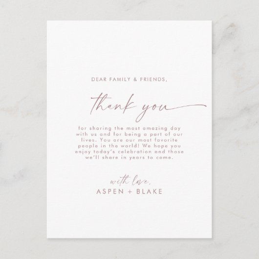 Moderne Rose Gold Script Vielen Dank Empfang Card Postkarte (Vorderseite)