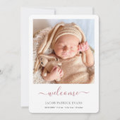Moderne Rose Gold Script Willkommen Foto Birth Ankündigung (Vorderseite)