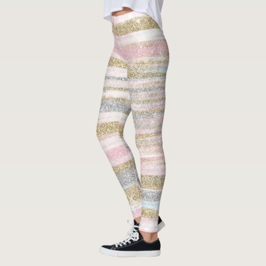 Moderne Rose Gold Silver Glitzer Striche Leggings (Links)