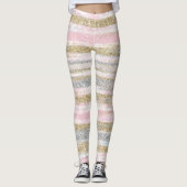 Moderne Rose Gold Silver Glitzer Striche Leggings (Vorderseite)
