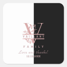 Moderne Rose Gold Split Custom Monogram V Quadratischer Aufkleber