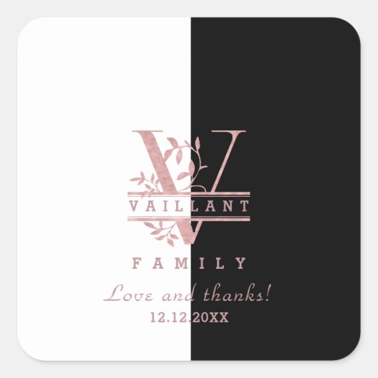 Moderne Rose Gold Split Custom Monogram V Quadratischer Aufkleber (Vorderseite)