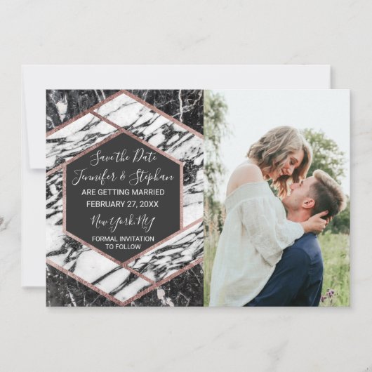 Moderne Rose Gold Trim Hexagon aus Marmor Save the Einladung (Vorderseite)