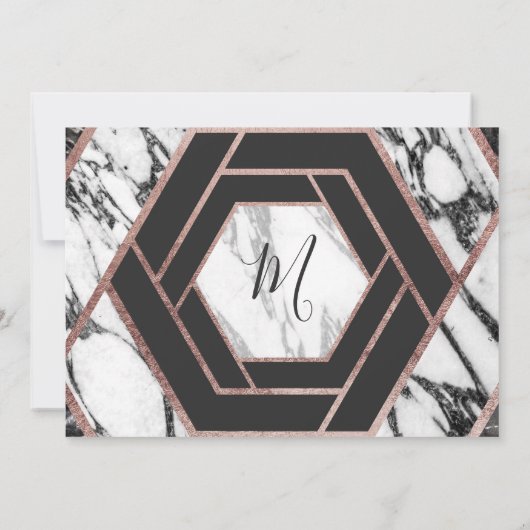 Moderne Rose Gold Trim Hexagon aus Marmor Save the Einladung (Rückseite)