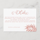 Moderne Rose Gold Tropical Leaf Hochzeitsdetails Begleitkarte (Vorderseite)