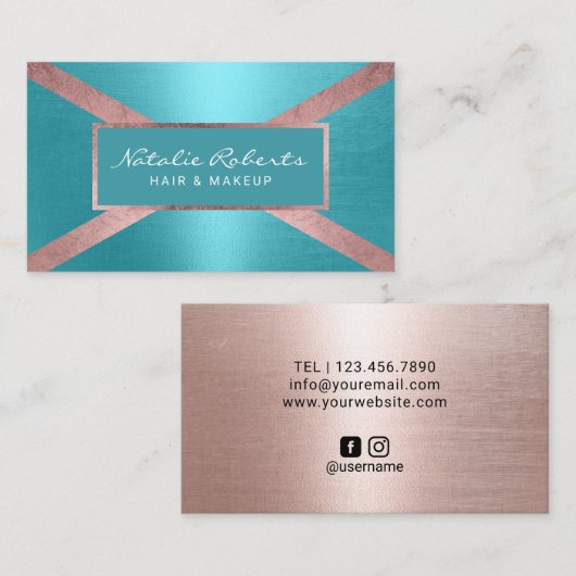 Moderne Rose Gold & Türkis Beauty Salon Visitenkarte (Vorne/Hinten)