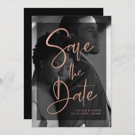 Moderne Rose Gold und Black Overlay | FOTO Save The Date (Vorne/Hinten)
