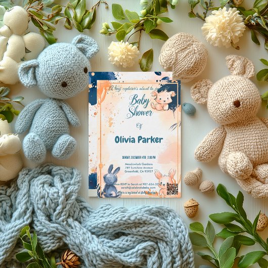 Moderne Rose Gold und Navy Wasserfarben Baby Einladung