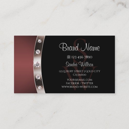 Moderne Rose Gold und Schwarz mit Monogram Diamond Visitenkarte (Rückseite)