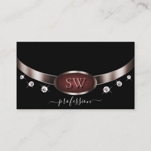Moderne Rose Gold und Schwarz mit Monogram Diamond Visitenkarte (Vorderseite)