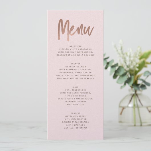 Moderne Rose Gold Wedding Menu Menükarte (Stehend Vorderseite)