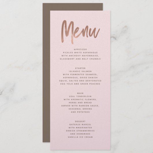 Moderne Rose Gold Wedding Menu Menükarte (Vorne/Hinten)
