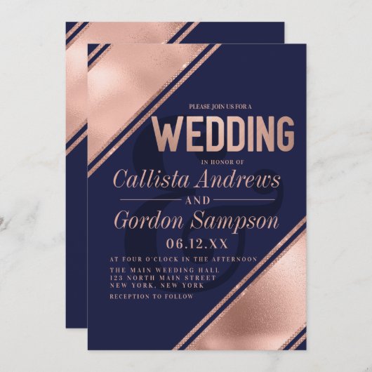 Moderne Rose Gold White Stripe Corner Hochzeit Einladung (Vorne/Hinten)