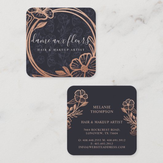Moderne Rose Gold Wreath Black & Rose Gold Quadratische Visitenkarte (Vorne/Hinten)