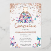 Moderne Rose Goldene Schmetterling Gown Quinseaner Folieneinladung (Vorderseite)
