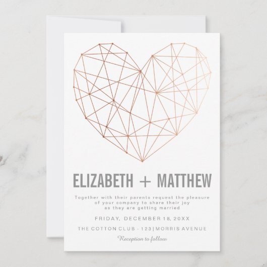 Moderne Rose, goldenes Herz Hochzeit Einladung (Vorderseite)