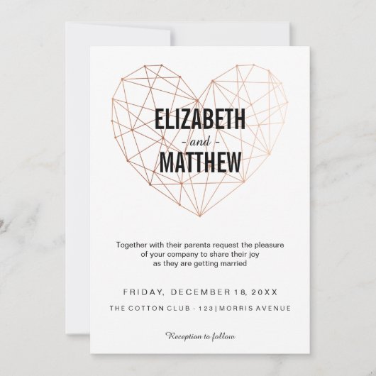 Moderne Rose, goldenes Herz Hochzeit Einladung (Vorderseite)