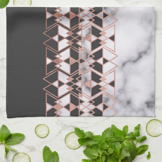 Moderne Rose Goldenes Schwarz-weißes Marmor Geomet Geschirrtuch (Gefaltet)