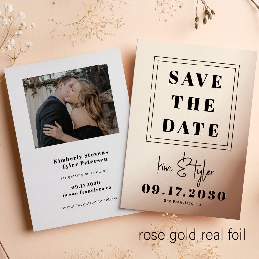 Moderne Rose Goldfolie Foto Hochzeit speichern das Folieneinladung