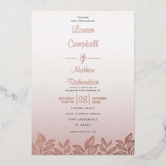 Moderne Rose Goldkalligraphie Das Hochheiraten von Folieneinladung (Vorderseite)