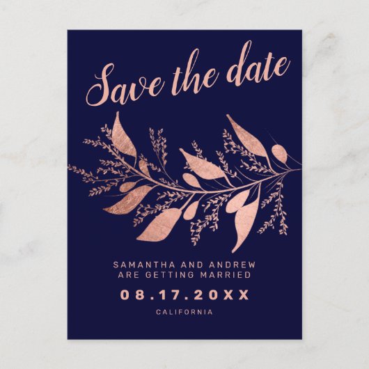Moderne Rose Goldmedaille Save the Date Hochzeit Ankündigungspostkarte (Vorderseite)