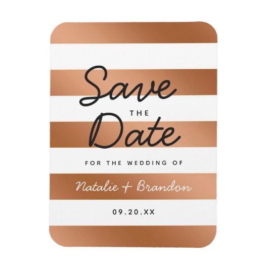 Moderne Rose Goldstreifen Streifen Save the Date Magnet (Vertikal)