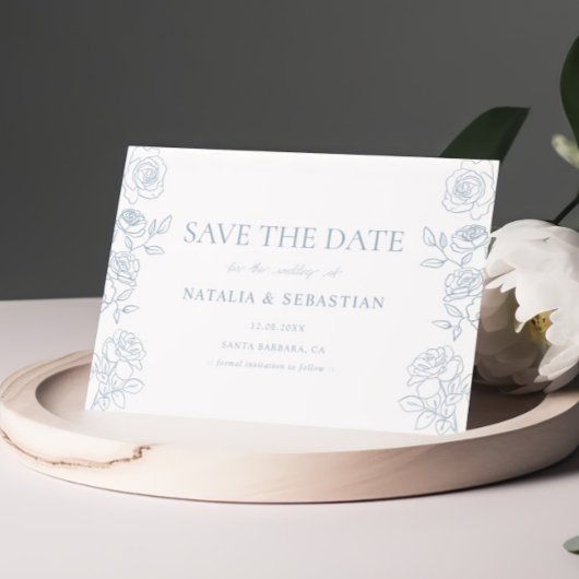 Moderne Rose in Blau und Weiß Save The Date